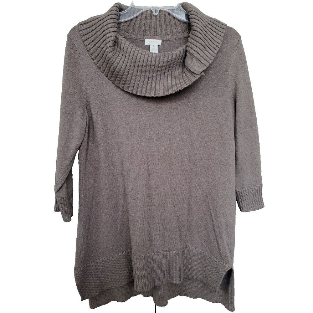 Chico's Brown Cotton/Mohair Blend 3/4 Sleeve Cowl Sweater w/Snaps Size 1 Medium